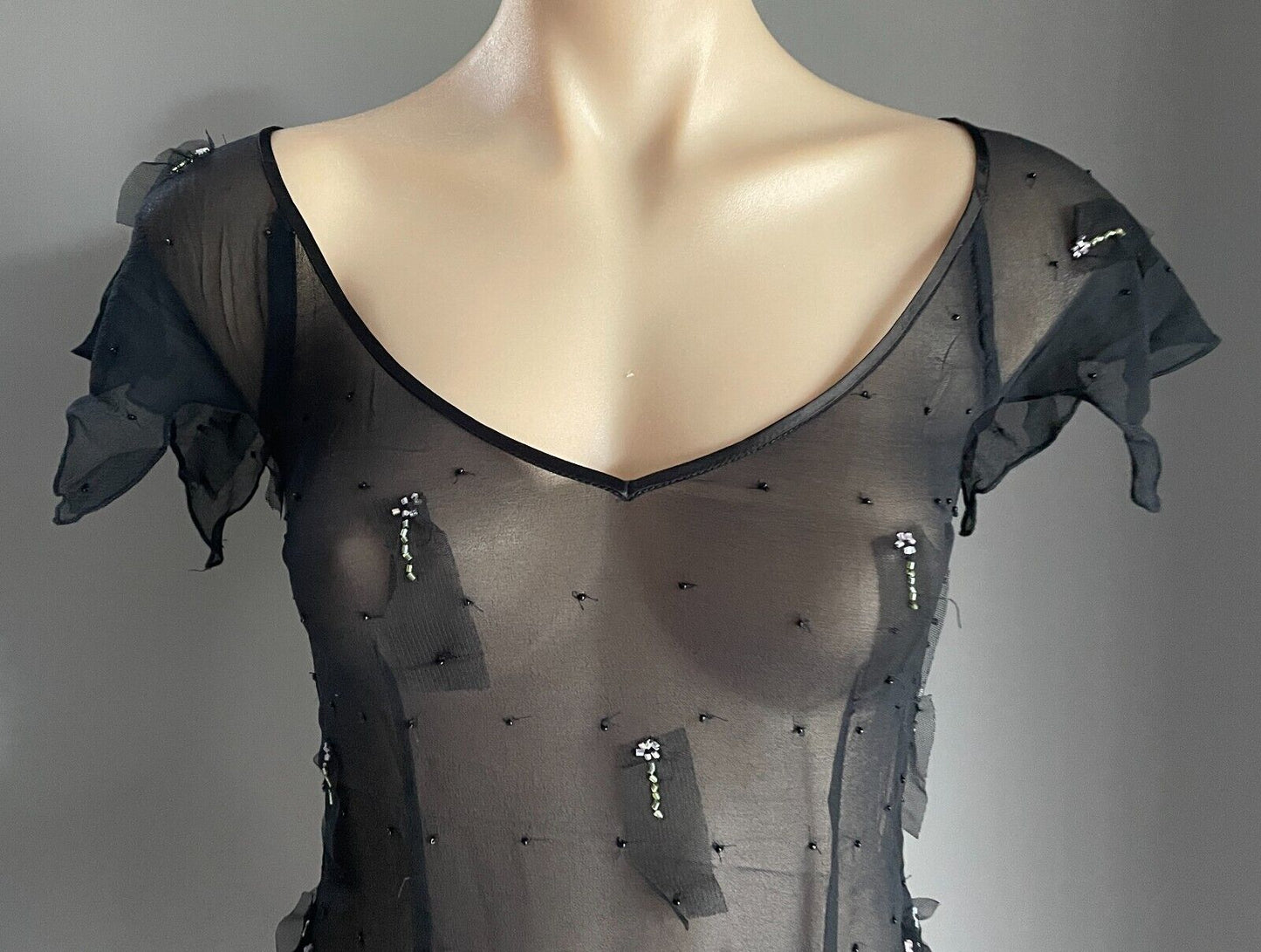 LISA BARRON Top Black Silk Sheer Cap Sleeve Blouse Mesh Net & Beads Luxe Size 10
