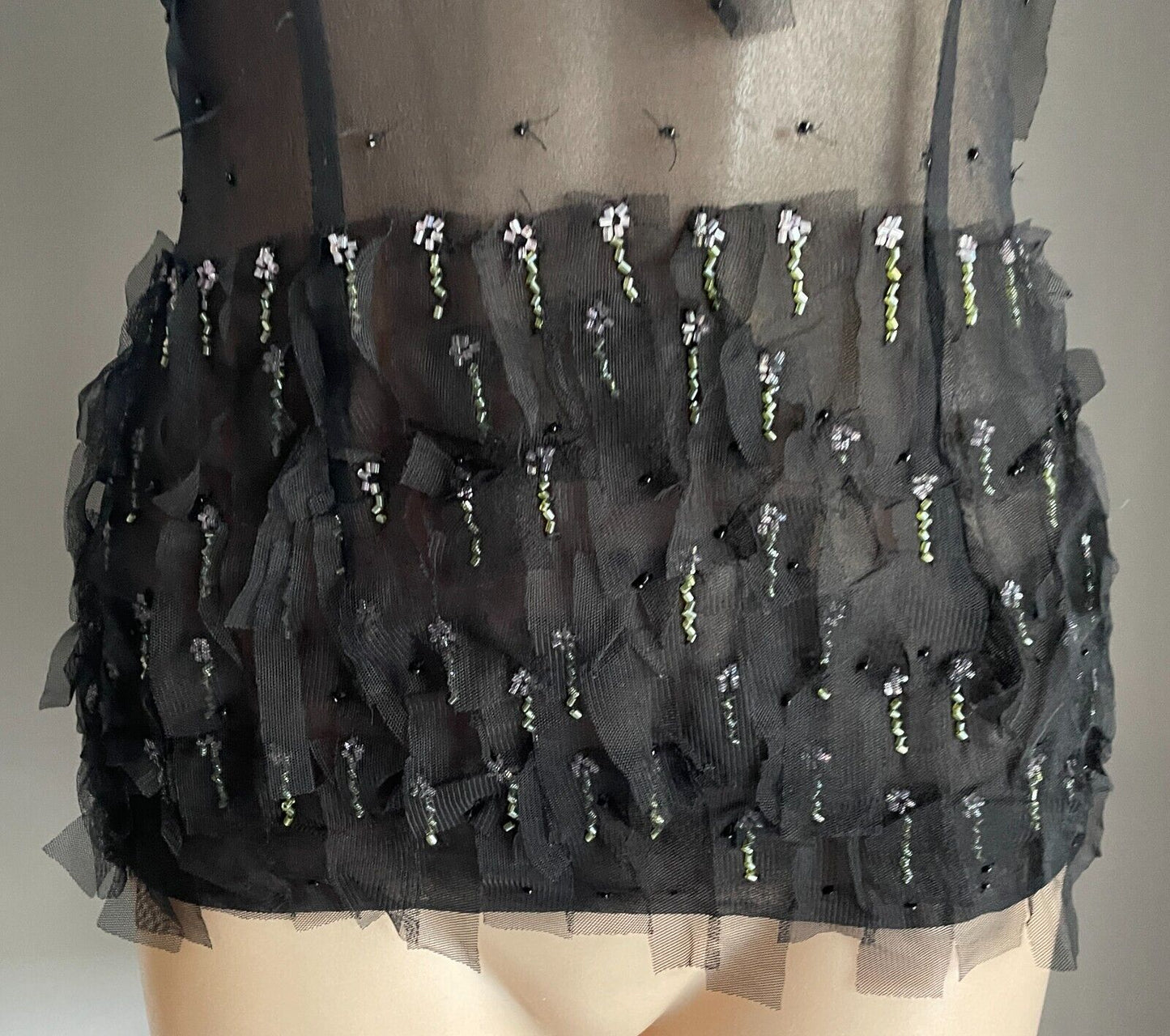 LISA BARRON Top Black Silk Sheer Cap Sleeve Blouse Mesh Net & Beads Luxe Size 10
