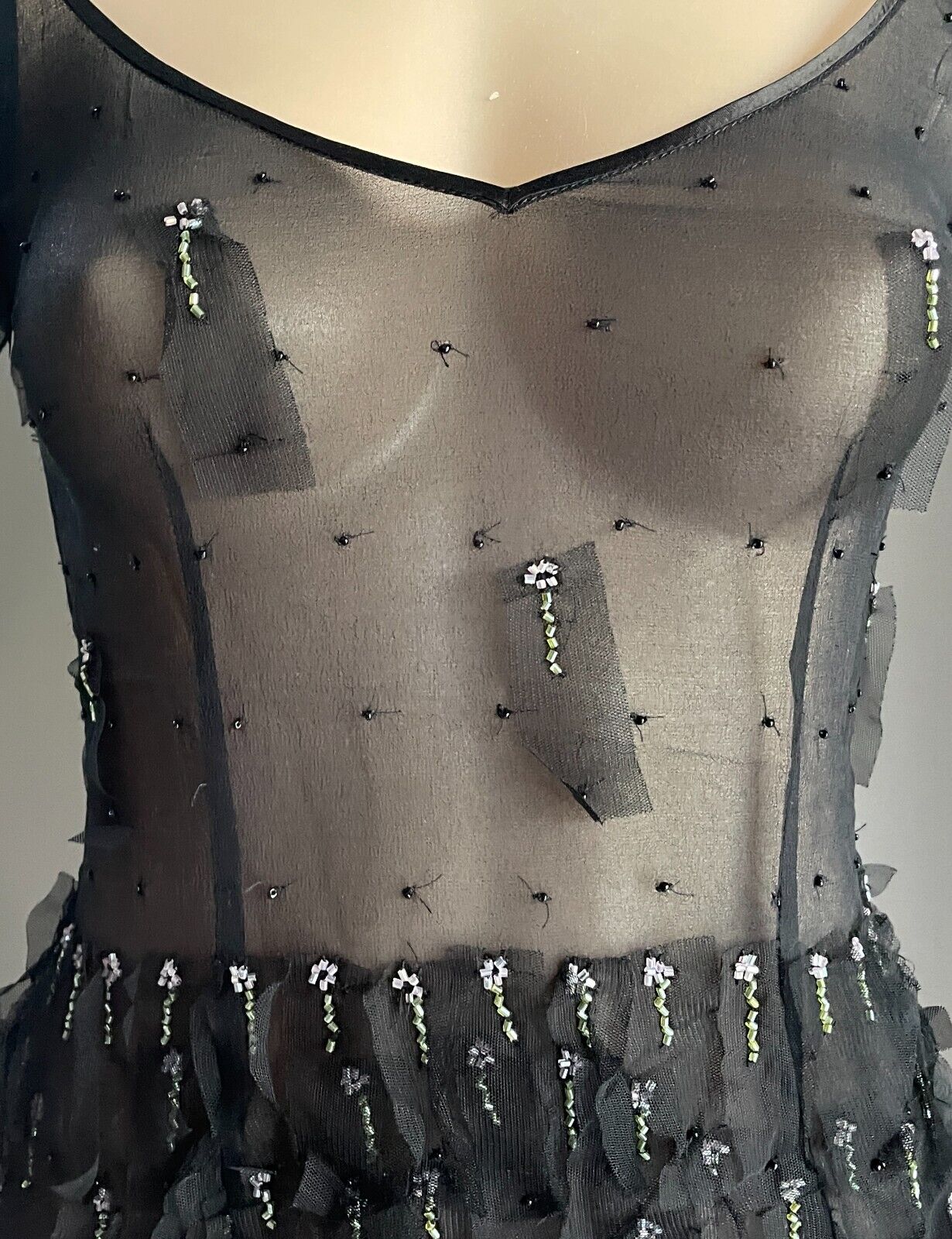LISA BARRON Top Black Silk Sheer Cap Sleeve Blouse Mesh Net & Beads Luxe Size 10