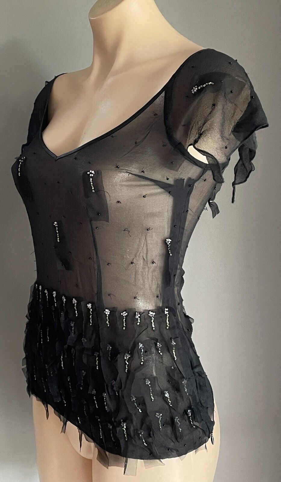 LISA BARRON Top Black Silk Sheer Cap Sleeve Blouse Mesh Net & Beads Luxe Size 10