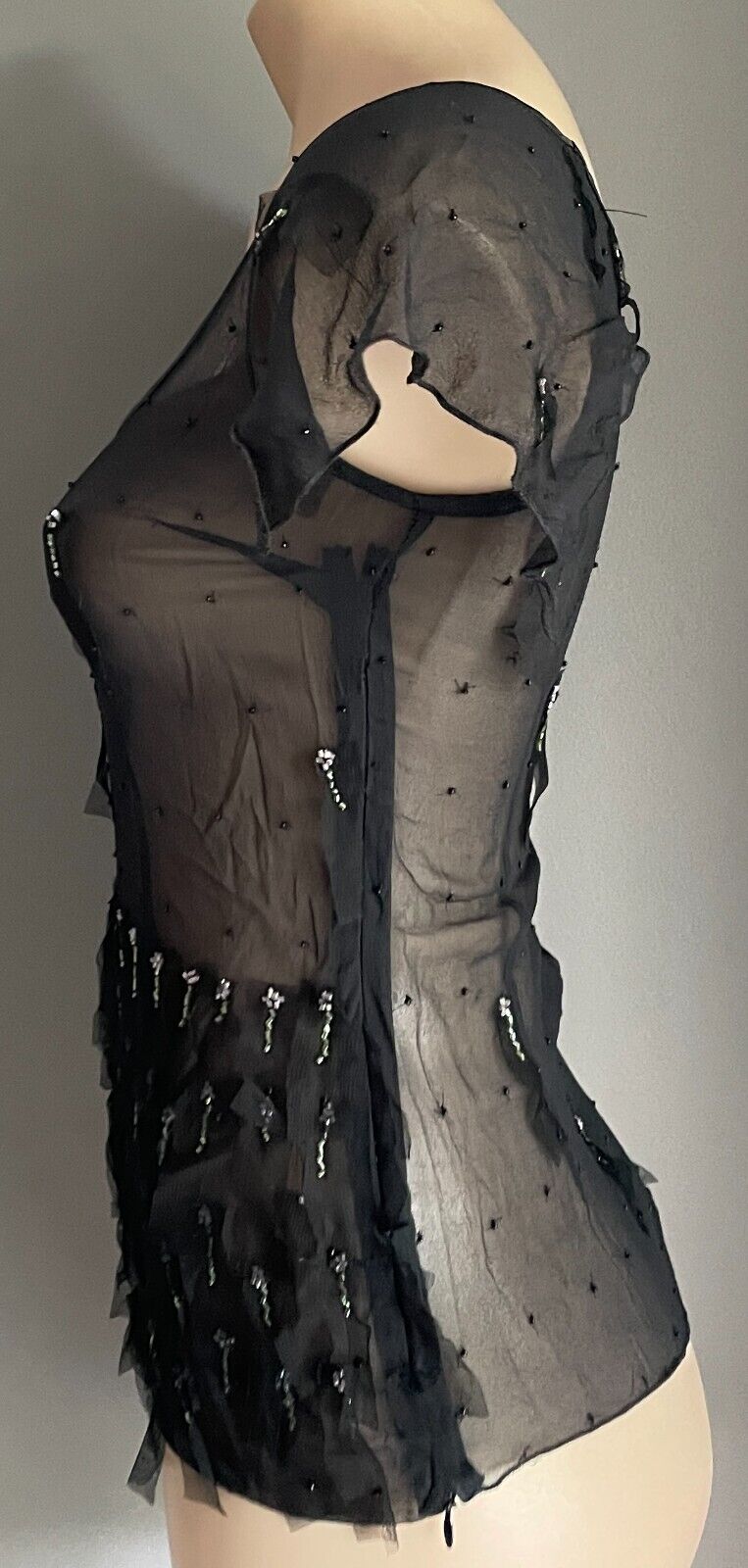 LISA BARRON Top Black Silk Sheer Cap Sleeve Blouse Mesh Net & Beads Luxe Size 10