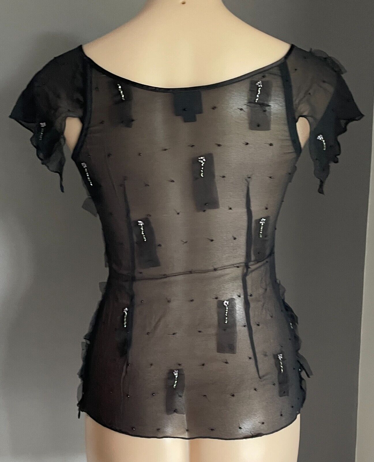 LISA BARRON Top Black Silk Sheer Cap Sleeve Blouse Mesh Net & Beads Luxe Size 10