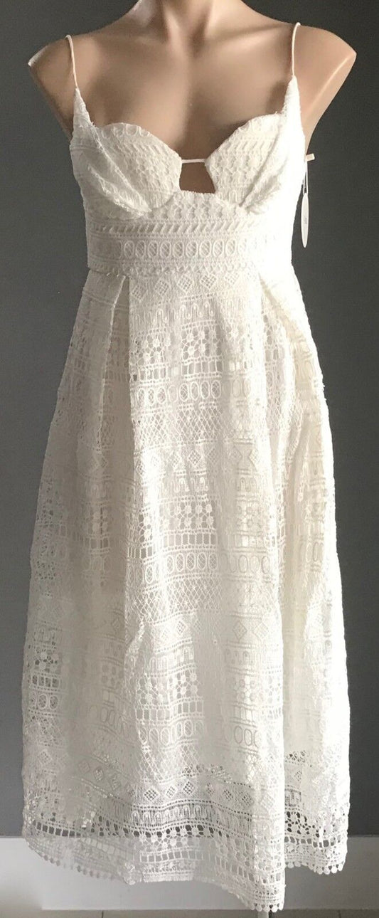 AVA Dress Midi White Lace Sleeveless Fit & Flare  Ladies Size 8 10 NEW