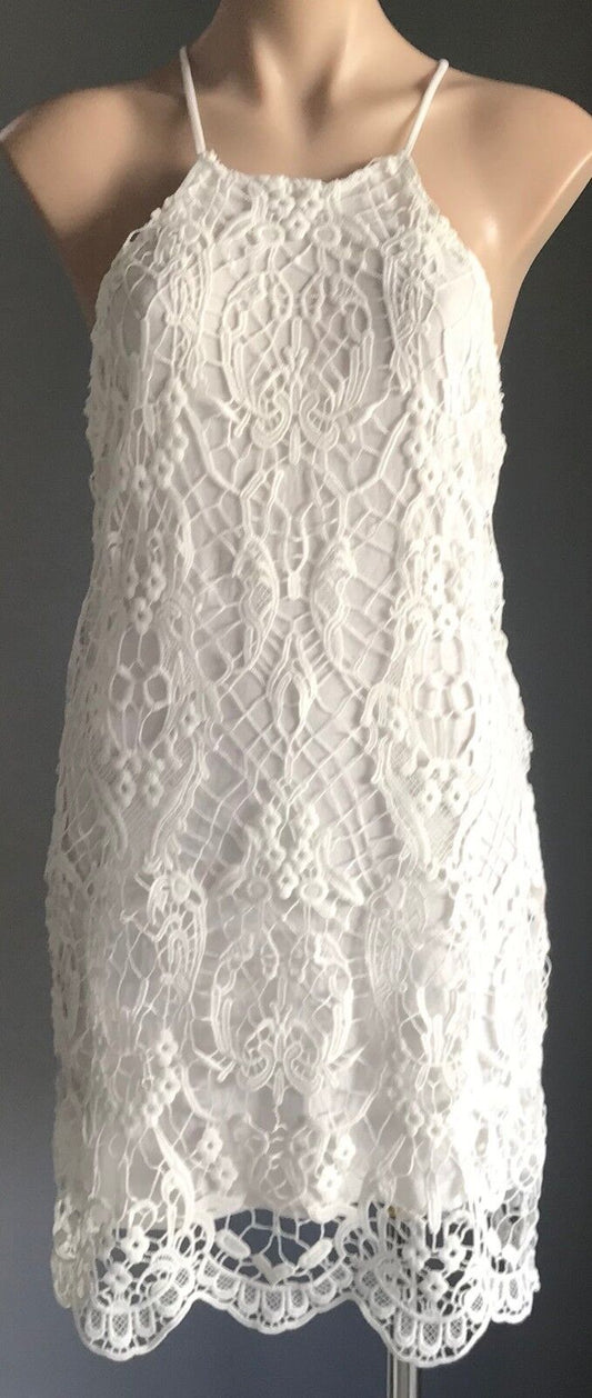 ACEMI Dress White Lined Lace Sleeveless Shift Ladies Size M 10 12 - Retro