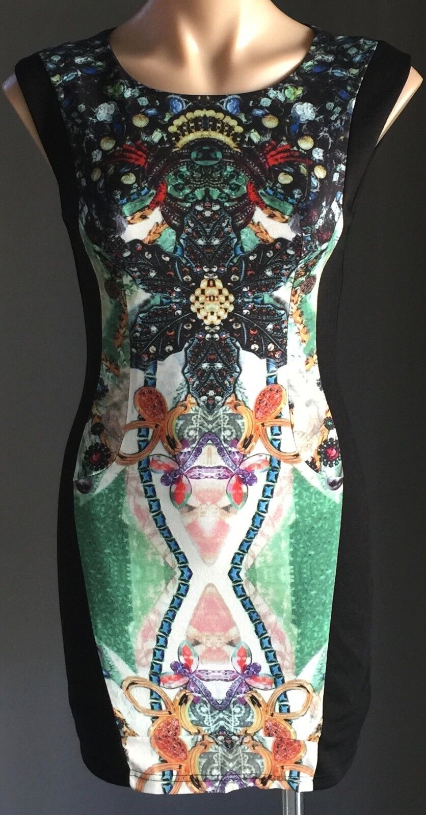 SLIDE SHOW Dress Black & Multi Print Sleeveless Bodycon Dress Size 10 Lovely