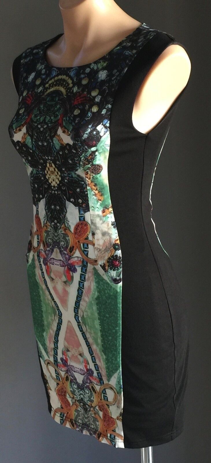 SLIDE SHOW Dress Black & Multi Print Sleeveless Bodycon Dress Size 10 Lovely