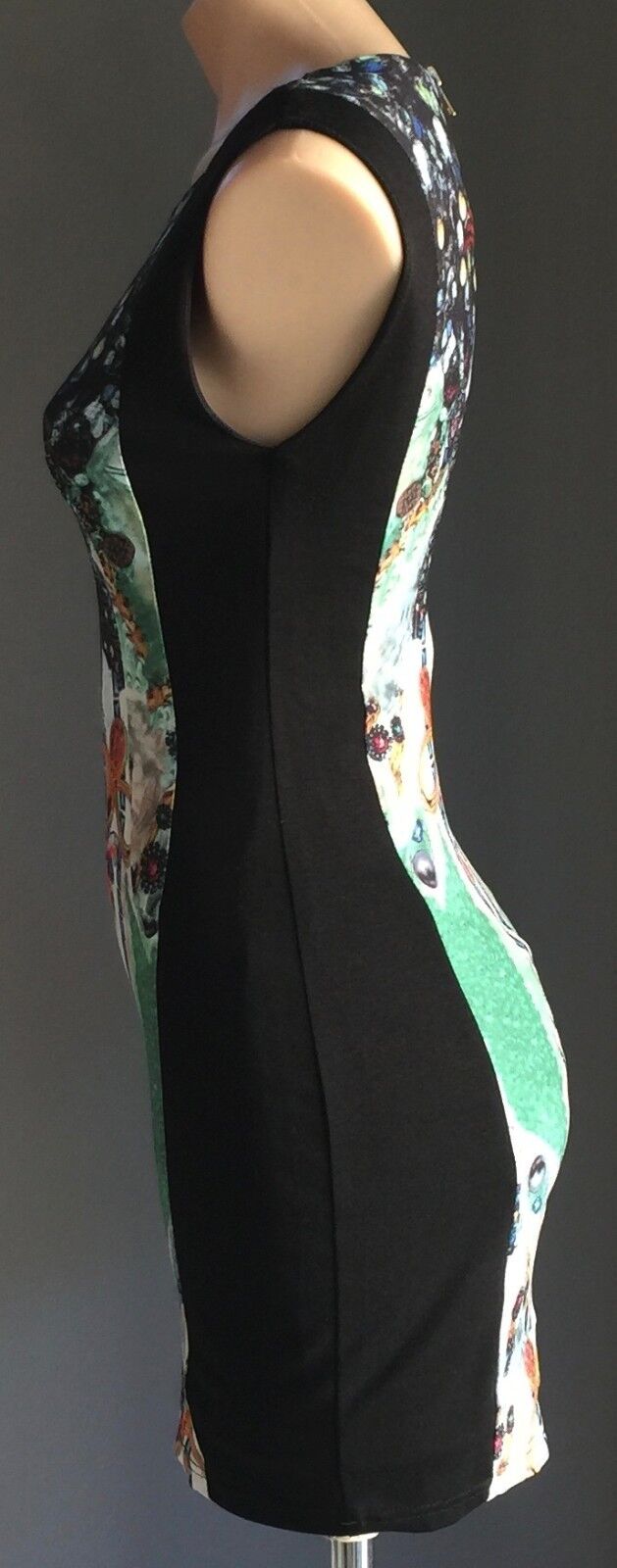 SLIDE SHOW Dress Black & Multi Print Sleeveless Bodycon Dress Size 10 Lovely
