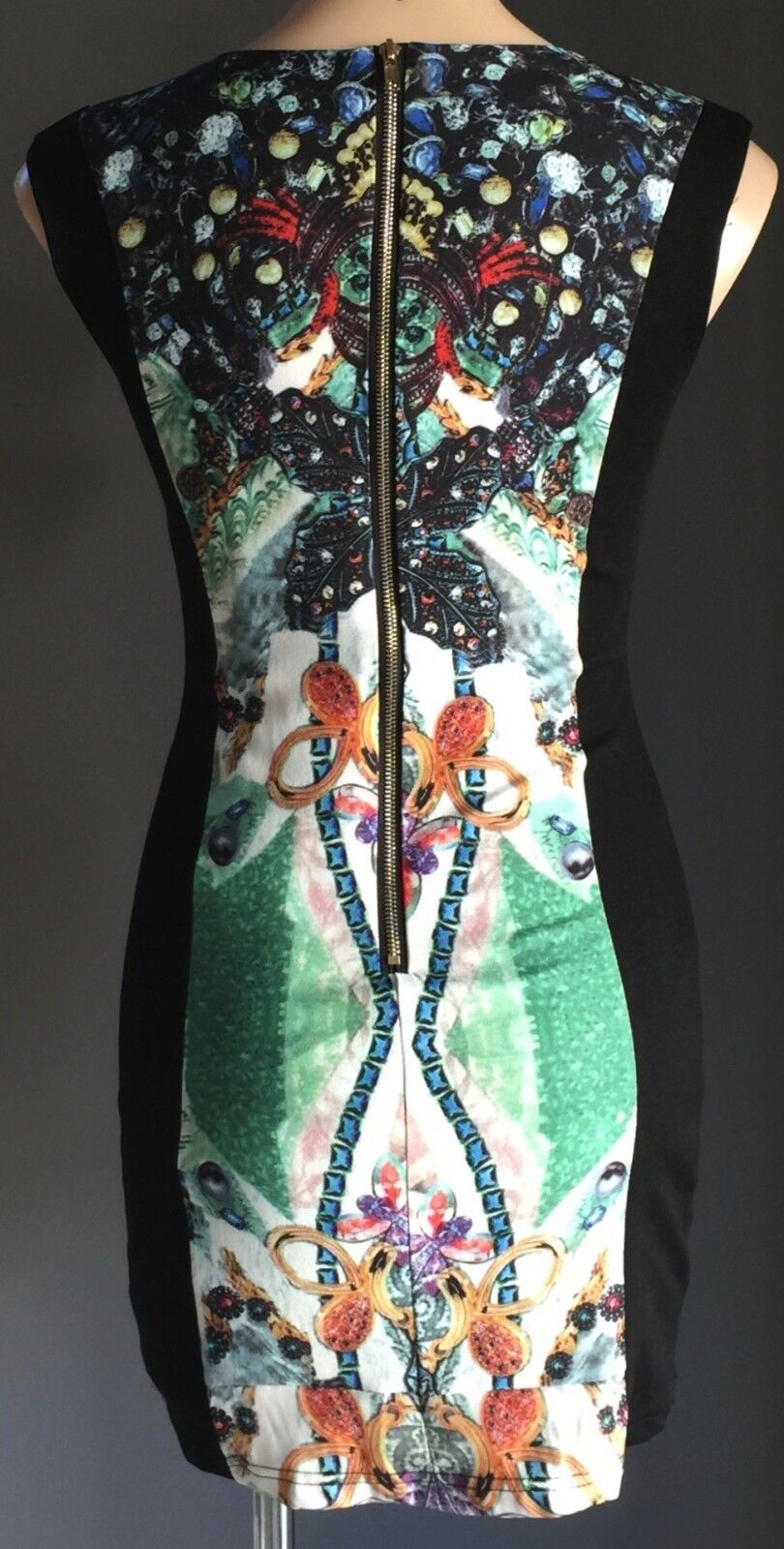 SLIDE SHOW Dress Black & Multi Print Sleeveless Bodycon Dress Size 10 Lovely