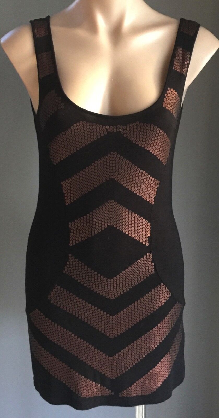 AZUKI "Cosmic" Dress Black & Bronze Sequin Sleeveless Stretch Size 10 NEW
