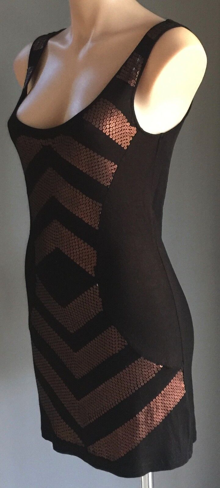 AZUKI "Cosmic" Dress Black & Bronze Sequin Sleeveless Stretch Size 10 NEW