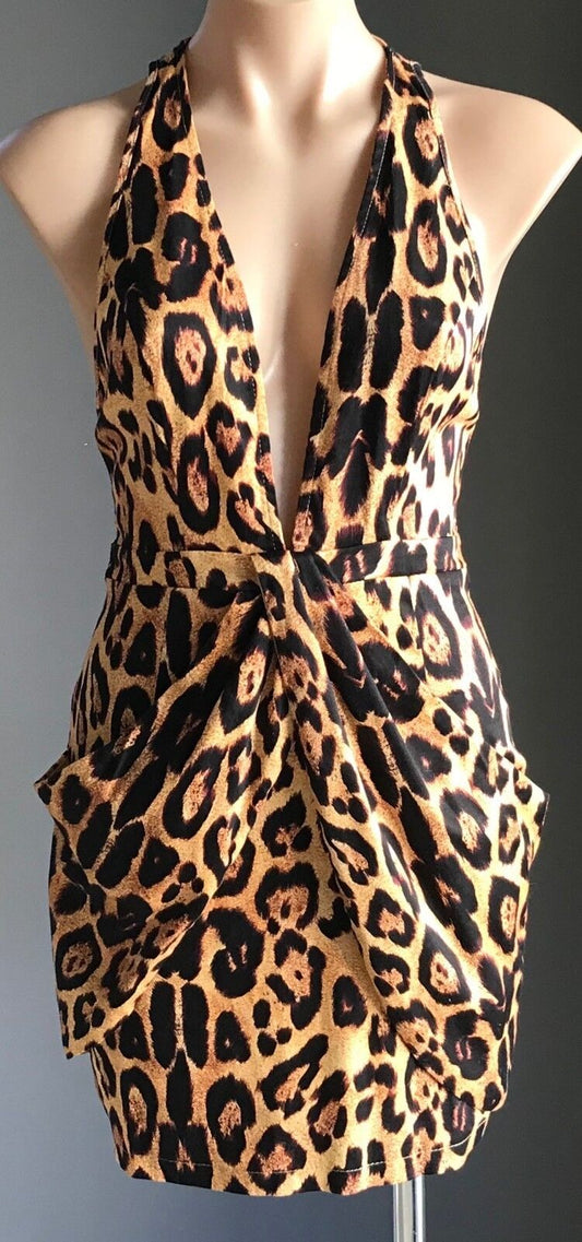 MORNING MIST Mini Dress Plunge V Neck T Bar Back Leopard City Beach 8 - 10 NEW