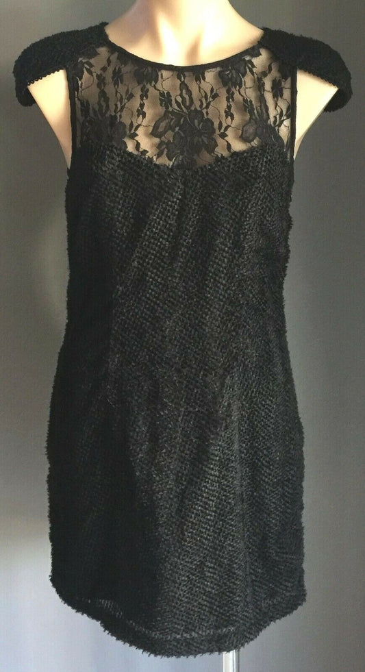 LADAKH Mini Dress Black Textured Fabric & Lace Capped Sleeve Frock 10 LBD NEW