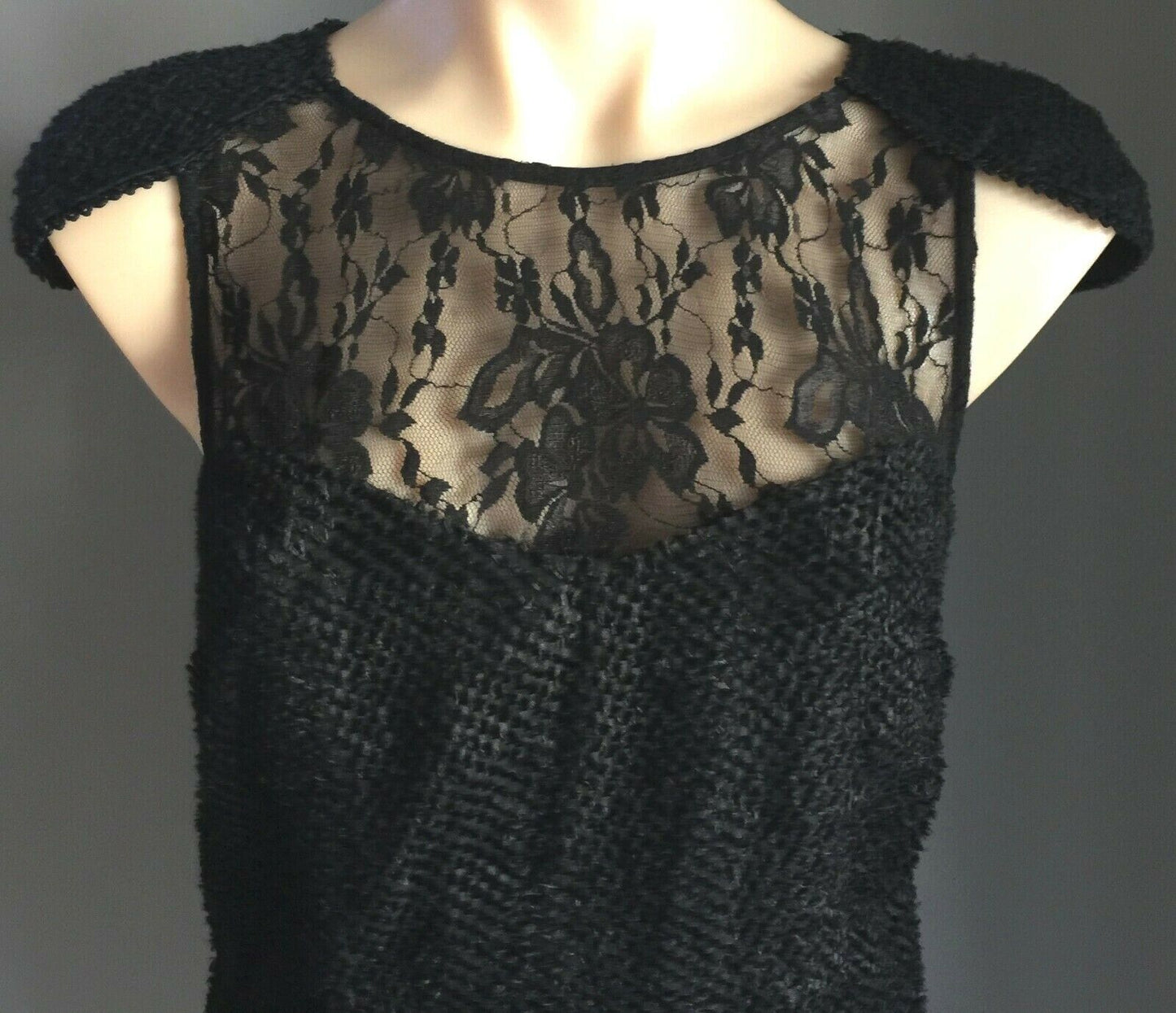 LADAKH Mini Dress Black Textured Fabric & Lace Capped Sleeve Frock 10 LBD NEW