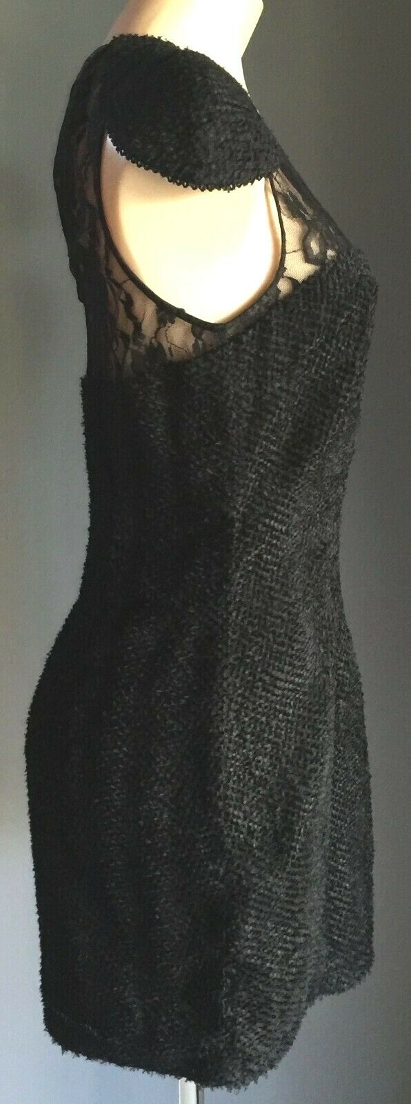 LADAKH Mini Dress Black Textured Fabric & Lace Capped Sleeve Frock 10 LBD NEW
