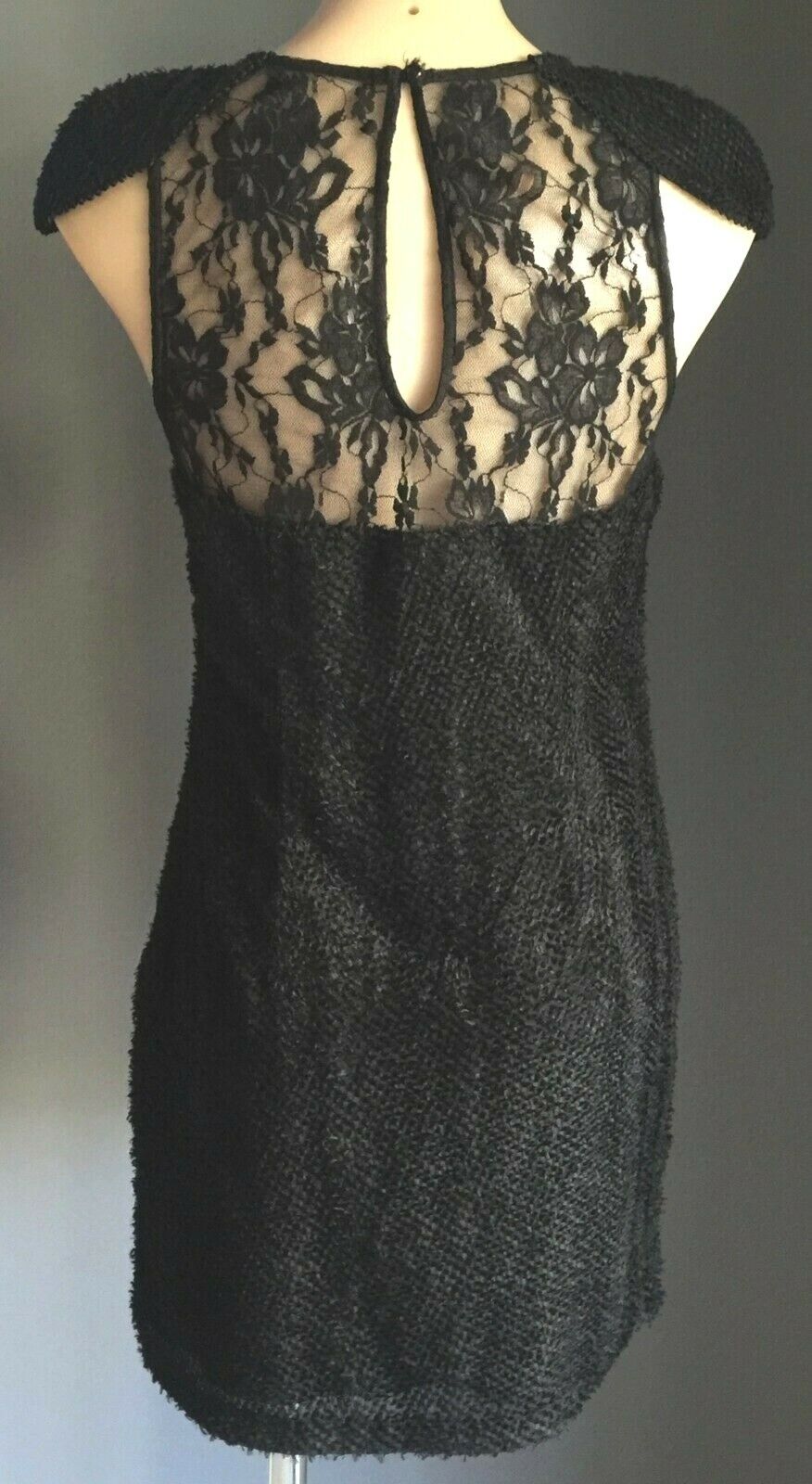 LADAKH Mini Dress Black Textured Fabric & Lace Capped Sleeve Frock 10 LBD NEW