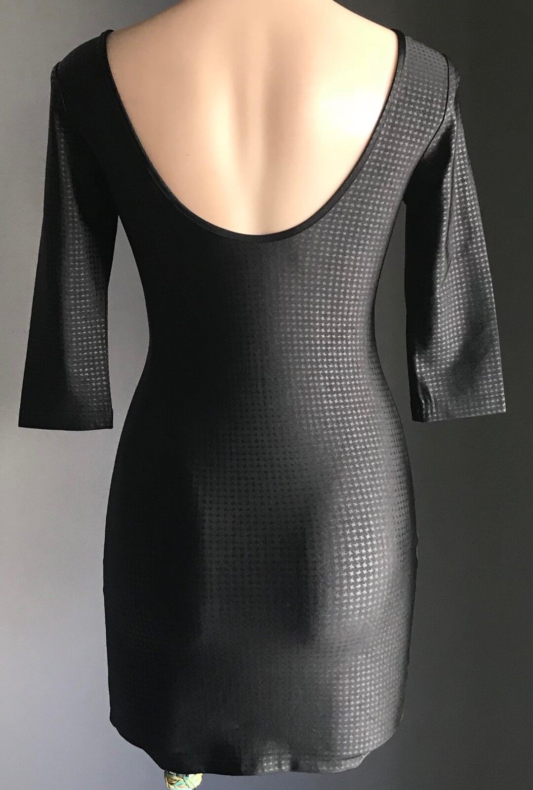 FEVER Mini Dress Houndstooth Print 3/4 Sleeve Stretch Black White Ladies Sz 8 10