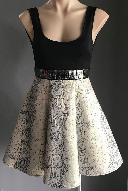 KNIGHT ANGEL Fit & Flare Mini Dress Black Lurex Gold Silver Clubbing Sz 8 10 NEW