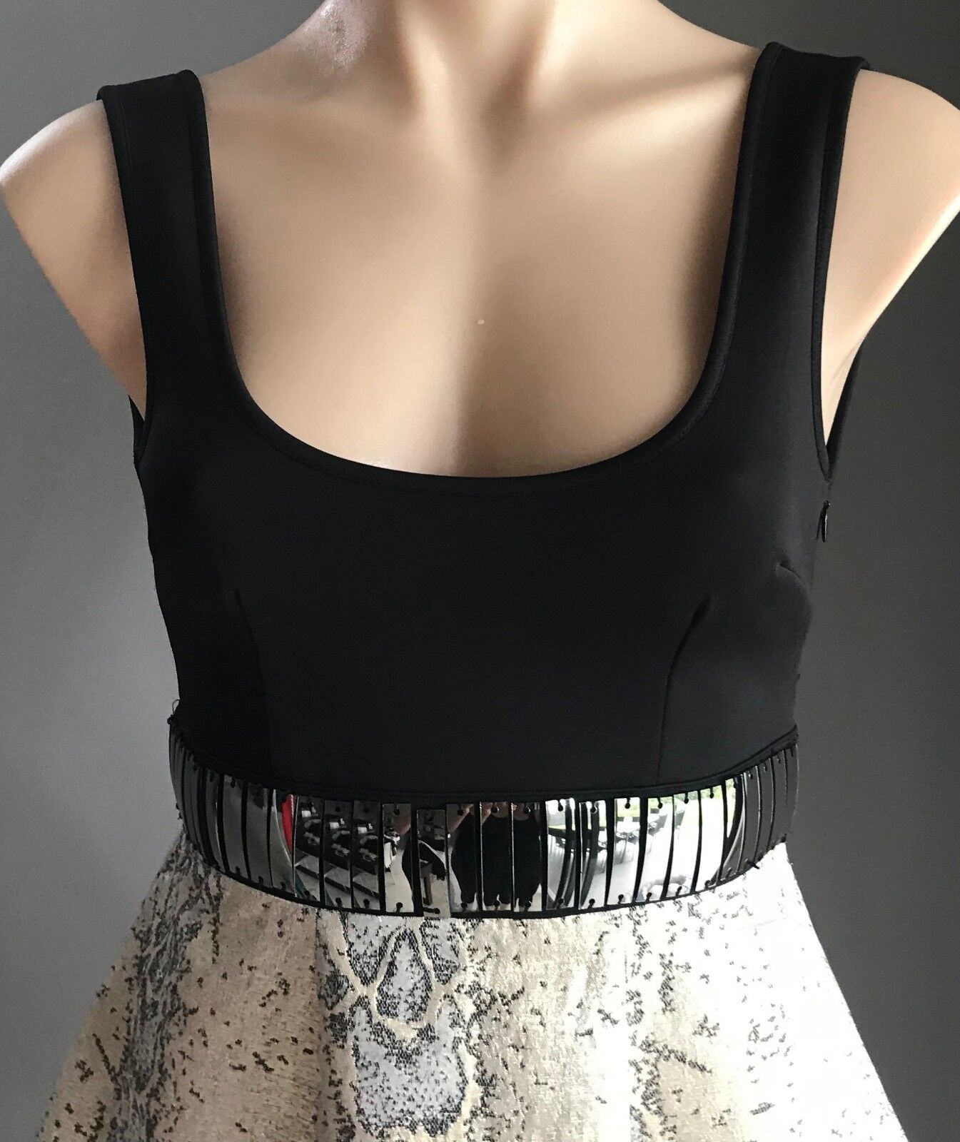 KNIGHT ANGEL Fit & Flare Mini Dress Black Lurex Gold Silver Clubbing Sz 8 10 NEW