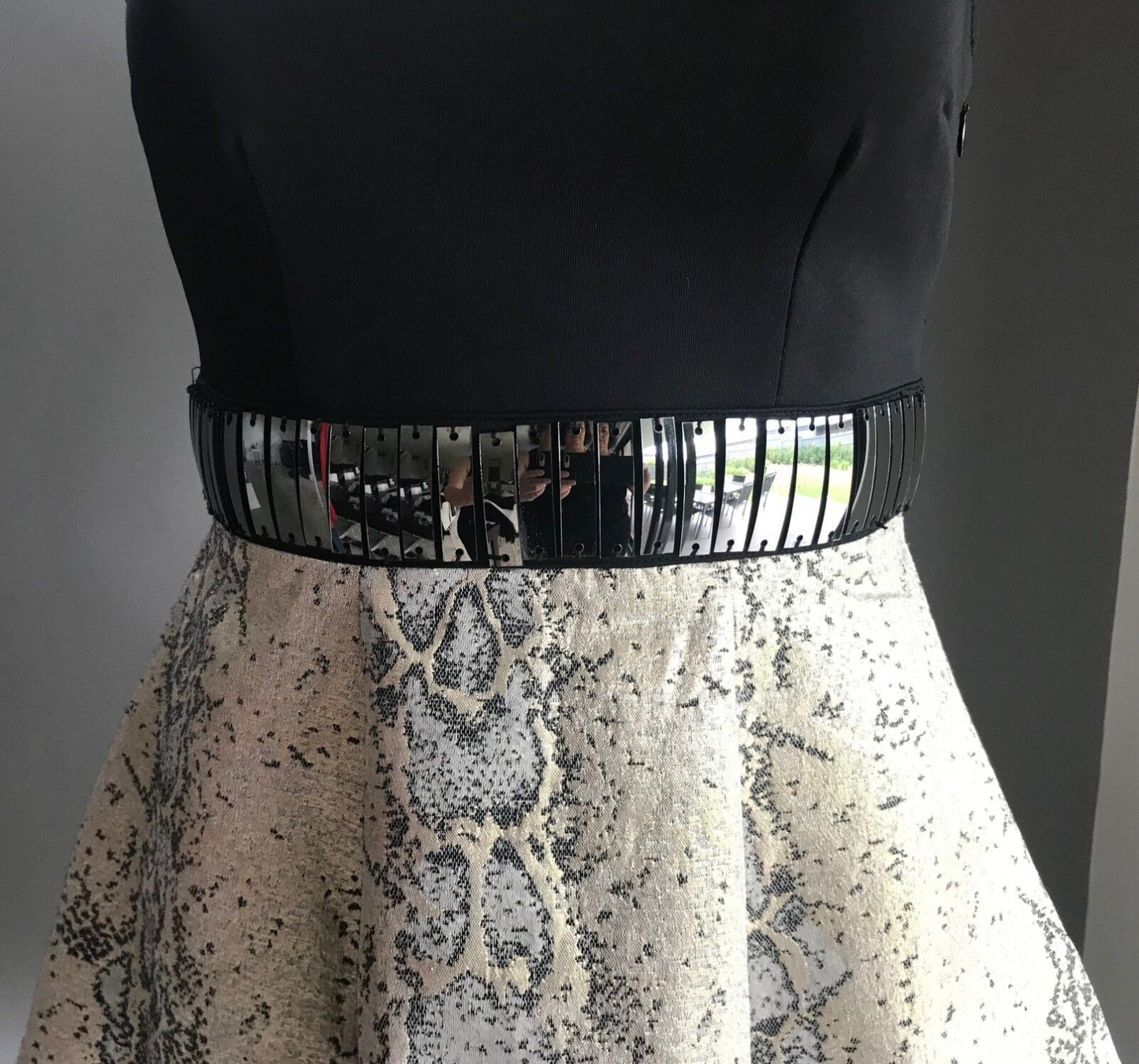 KNIGHT ANGEL Fit & Flare Mini Dress Black Lurex Gold Silver Clubbing Sz 8 10 NEW