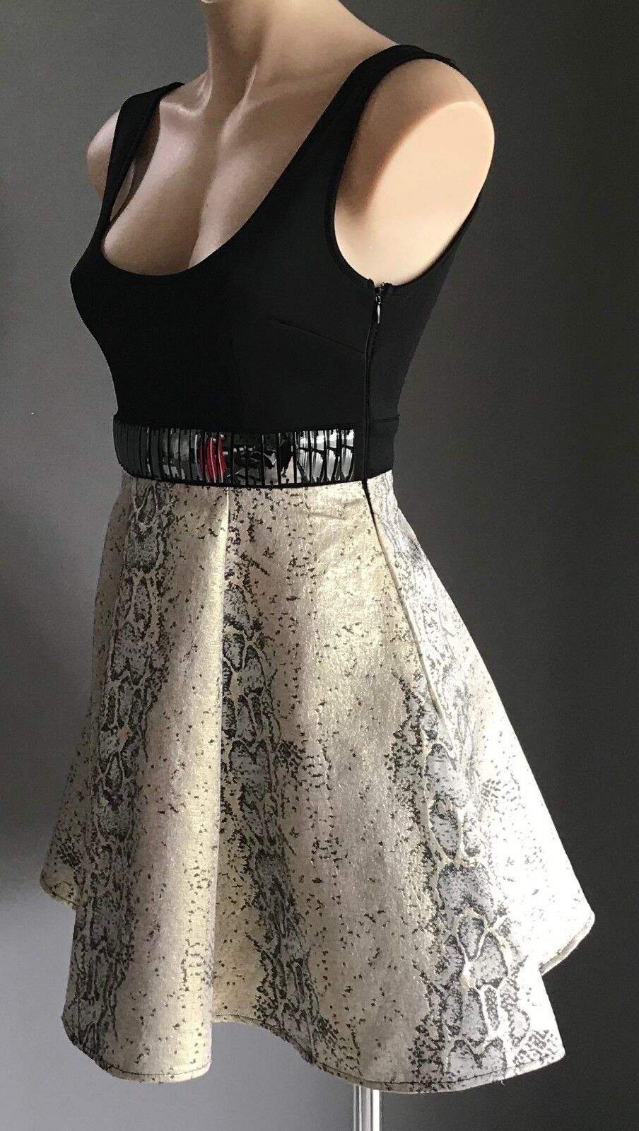 KNIGHT ANGEL Fit & Flare Mini Dress Black Lurex Gold Silver Clubbing Sz 8 10 NEW