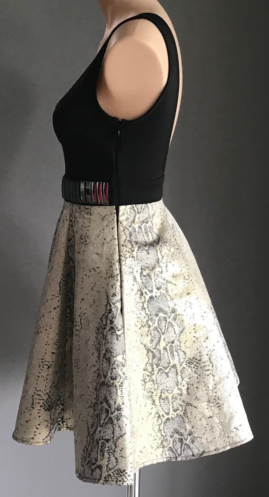 KNIGHT ANGEL Fit & Flare Mini Dress Black Lurex Gold Silver Clubbing Sz 8 10 NEW
