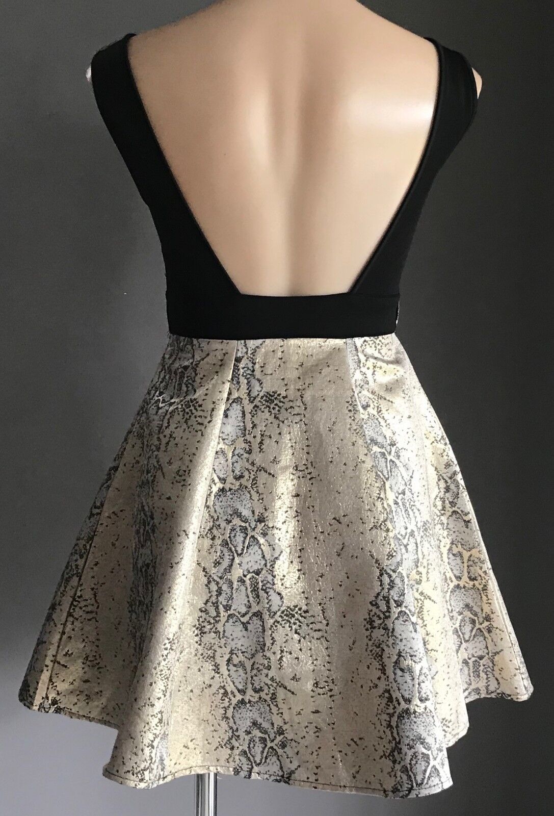 KNIGHT ANGEL Fit & Flare Mini Dress Black Lurex Gold Silver Clubbing Sz 8 10 NEW