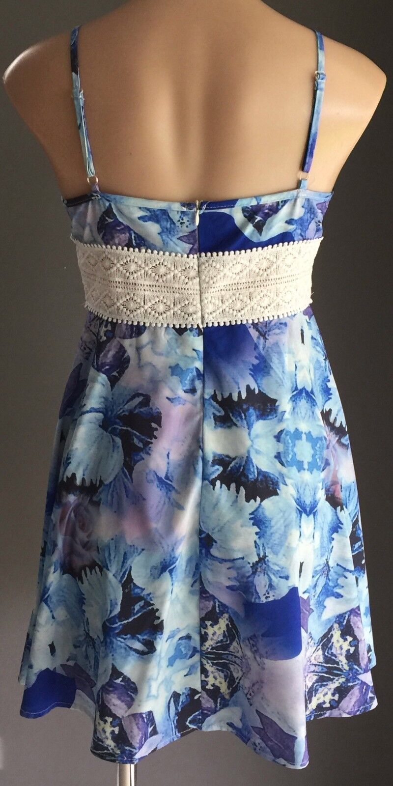 Empire Waist Dress Sleeveless Lace Short Size M 10 Blue Purple Floral Gorgeous