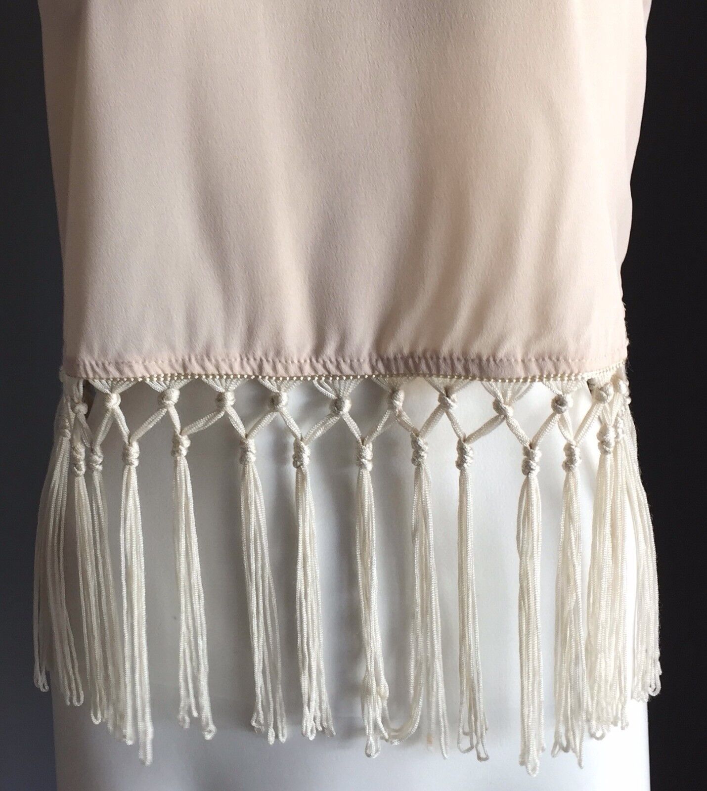 HE DOESN'T KNOW WHY Crop Top Beige Short Sleeve Tassel Trim Fringe Size 8 NEW
