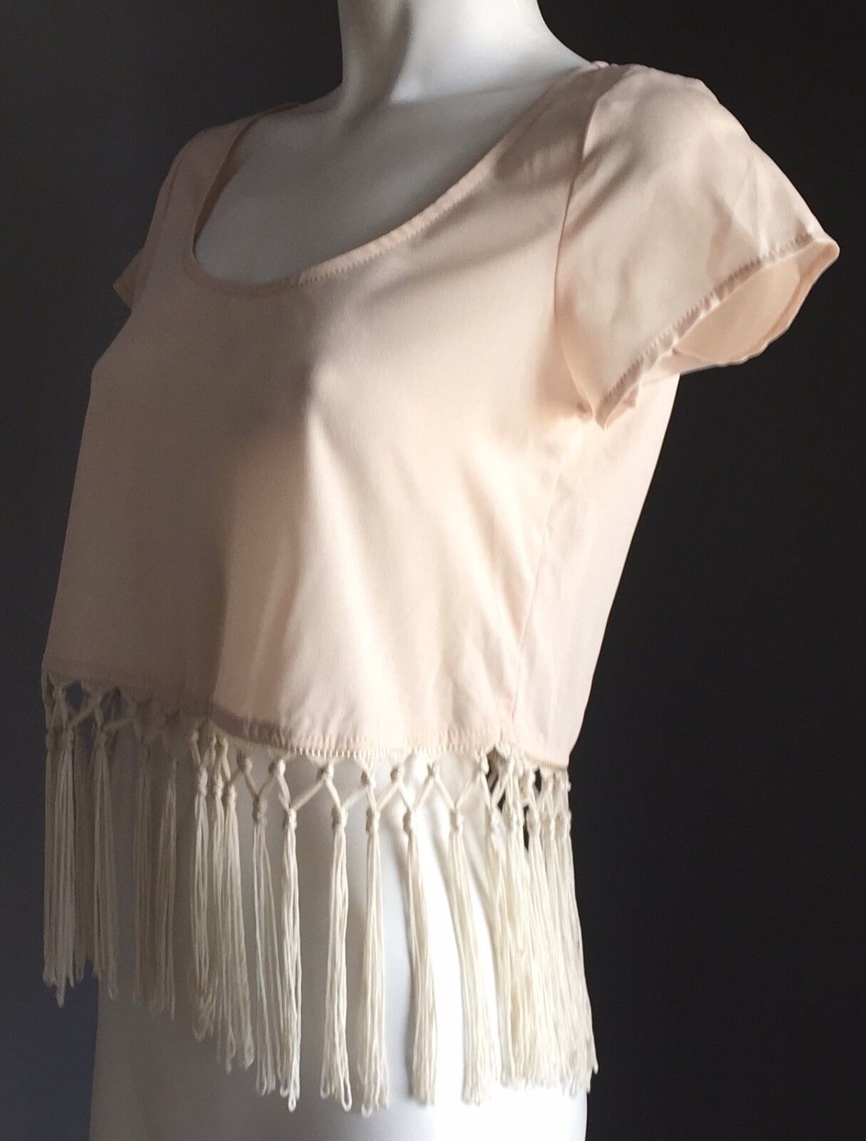 HE DOESN'T KNOW WHY Crop Top Beige Short Sleeve Tassel Trim Fringe Size 8 NEW