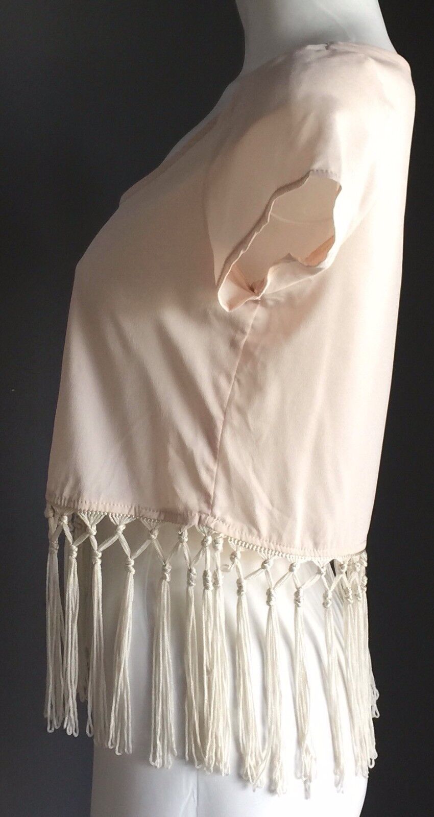 HE DOESN'T KNOW WHY Crop Top Beige Short Sleeve Tassel Trim Fringe Size 8 NEW