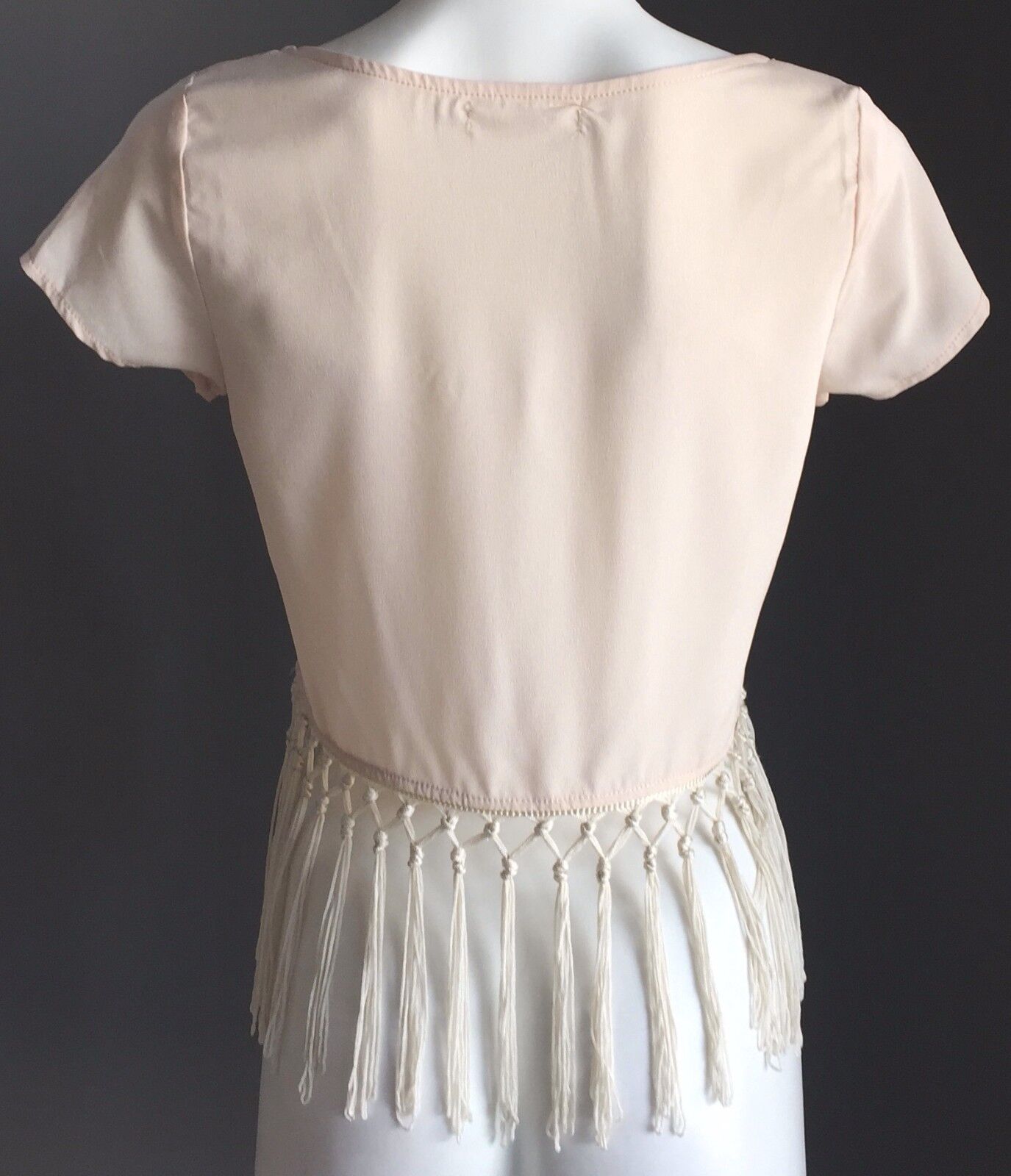 HE DOESN'T KNOW WHY Crop Top Beige Short Sleeve Tassel Trim Fringe Size 8 NEW
