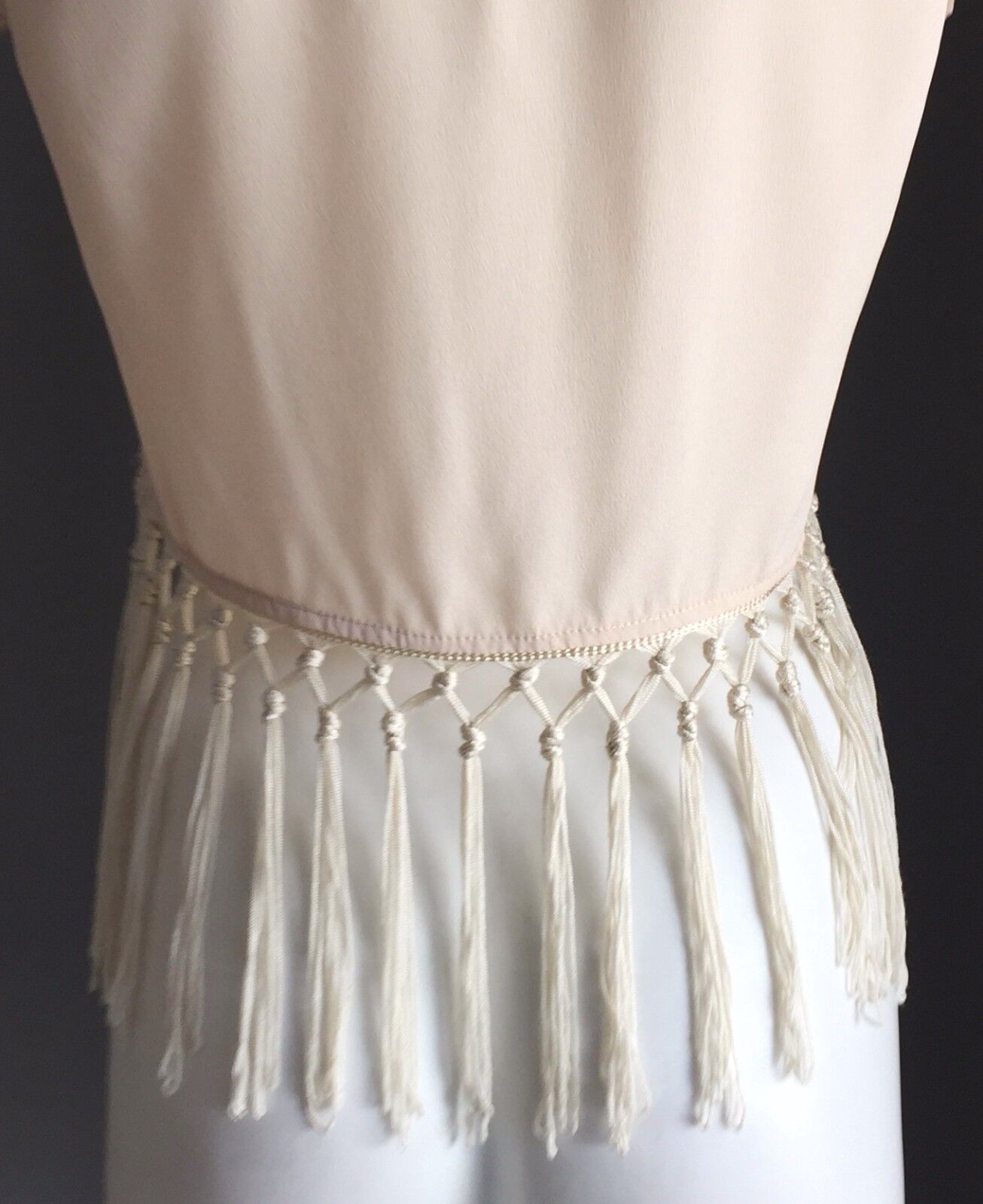 HE DOESN'T KNOW WHY Crop Top Beige Short Sleeve Tassel Trim Fringe Size 8 NEW