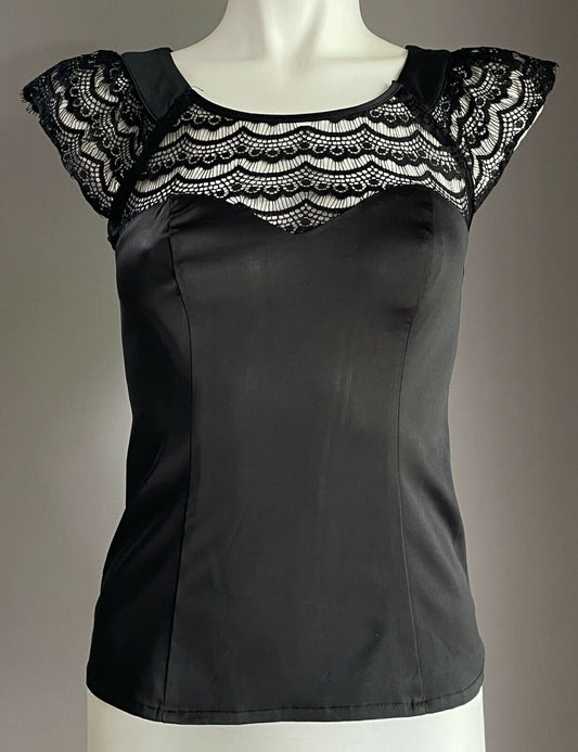 REVIEW Blouse Black Lace & Satin Sleeveless Zip & Bow at Back of Top Sz 6 8 NEW