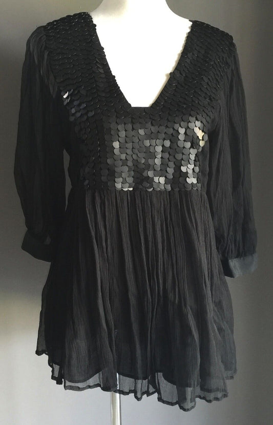 MARYLIN & JOHN Top Black Silk Sequins Blouse Long Sleeve Size 2 AU 8 French