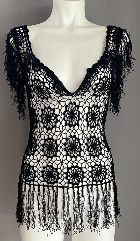 Crochet Top Boho Black Sleeveless Fringed Sheer Size 8