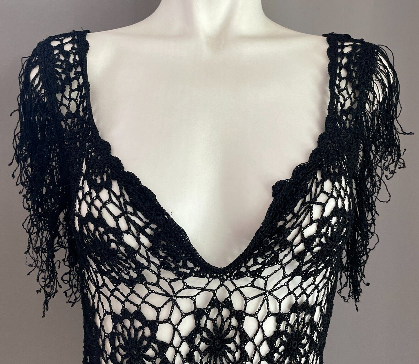 Crochet Top Boho Black Sleeveless Fringed Sheer Size 8