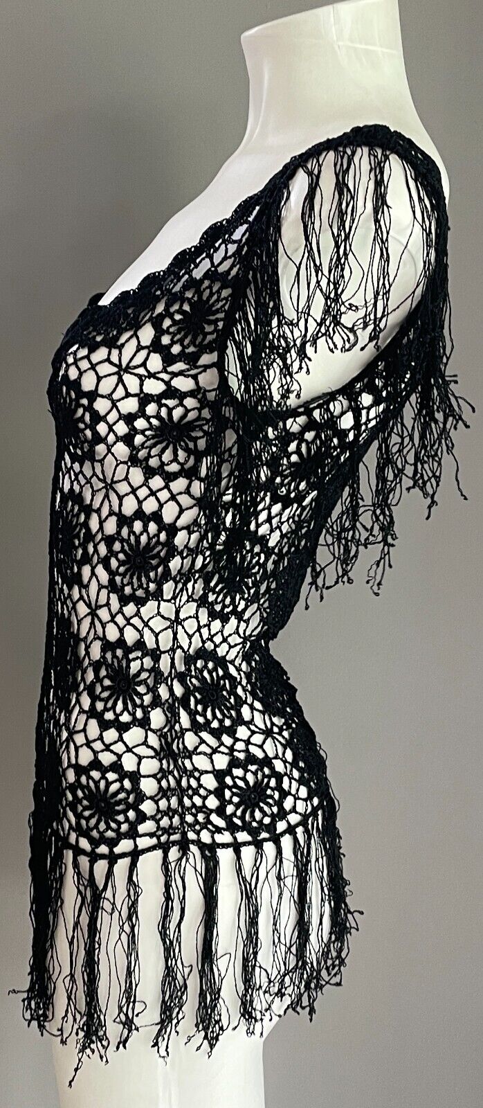 Crochet Top Boho Black Sleeveless Fringed Sheer Size 8