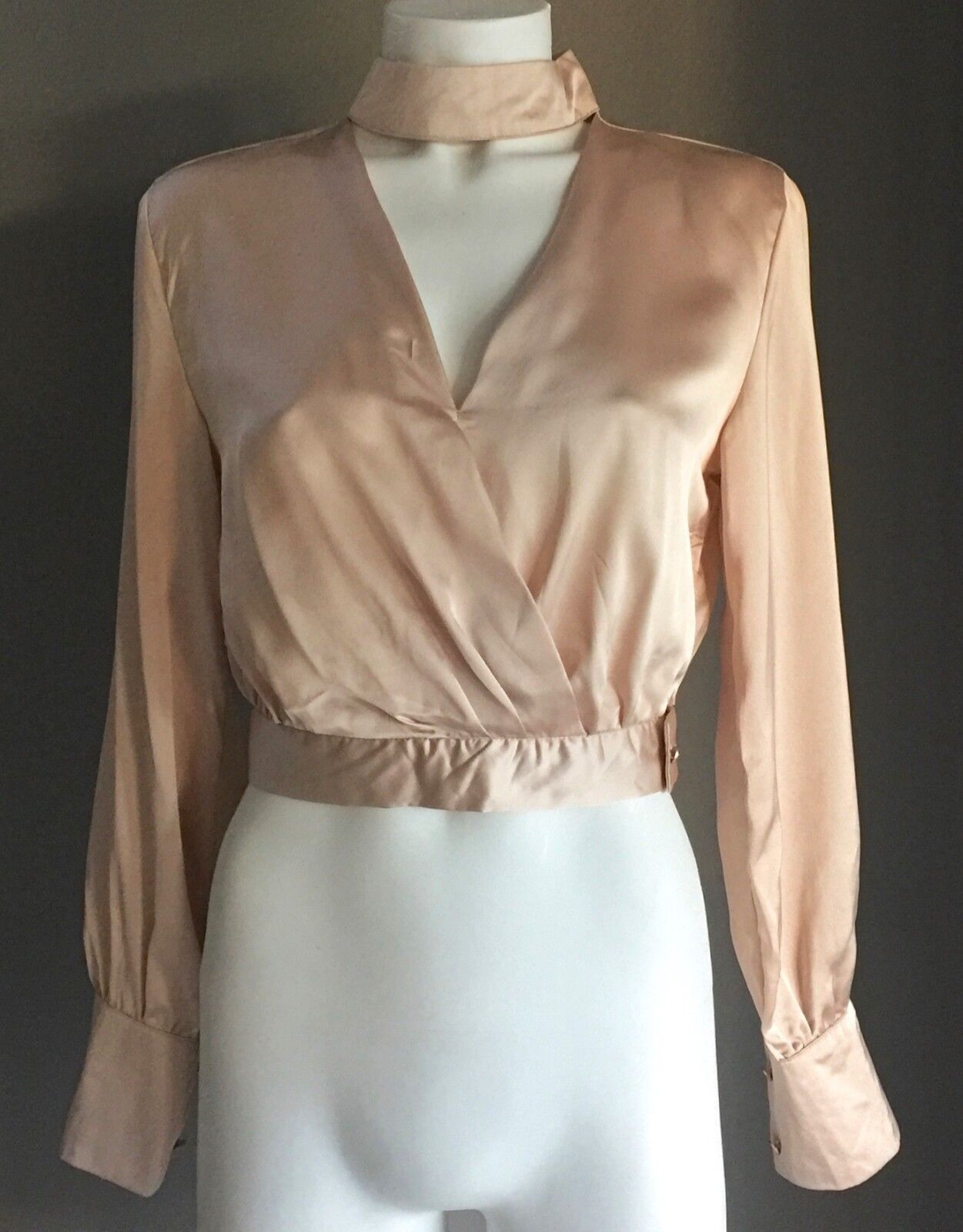 WHITE CLOSET Crop Top Satin Champagne High Neck Long Button Sleeve Size 6 8 NEW