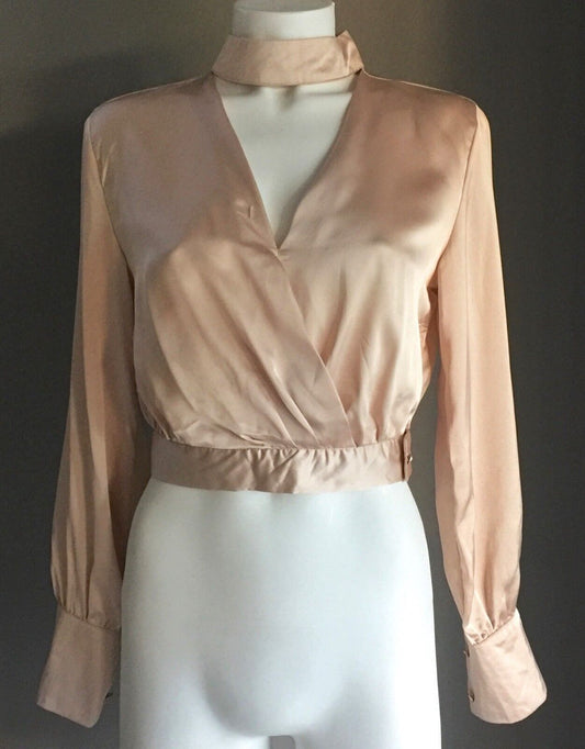 WHITE CLOSET Crop Top Satin Champagne High Neck Long Button Sleeve Size 6 8 NEW
