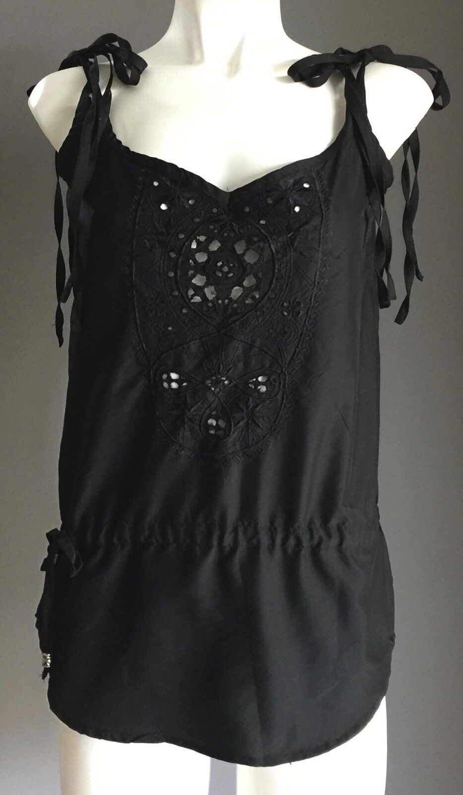 ROXY Top Black Shoulder Tie and Drawstring Waist Sleeveless Ladies Size 8 NEW