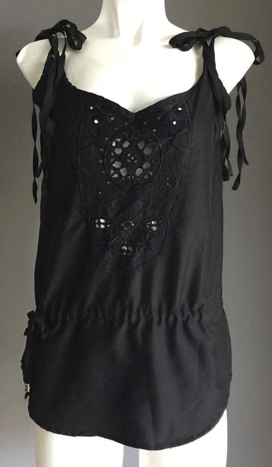 ROXY Top Black Shoulder Tie and Drawstring Waist Sleeveless Ladies Size 8 NEW