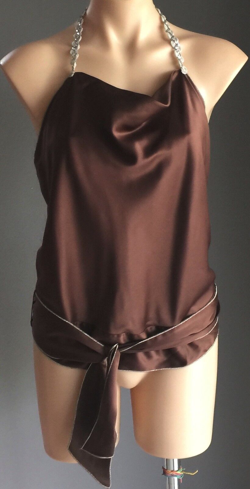 Vtg 1970s HEART BABE Halter Neck Top Brown & Silver Trim Open Back Size 10 Disco