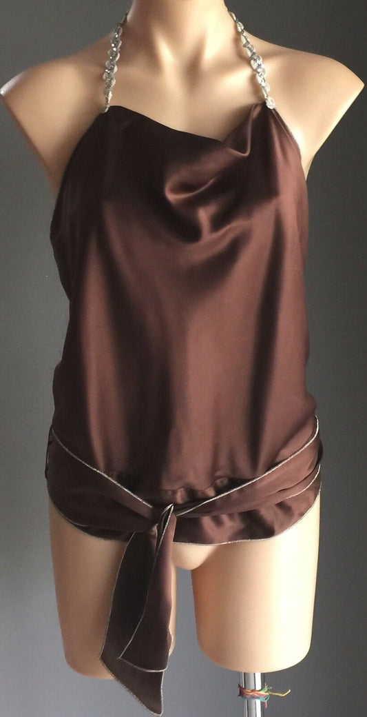 Vtg 1970s HEART BABE Halter Neck Top Brown & Silver Trim Open Back Size 10 Disco