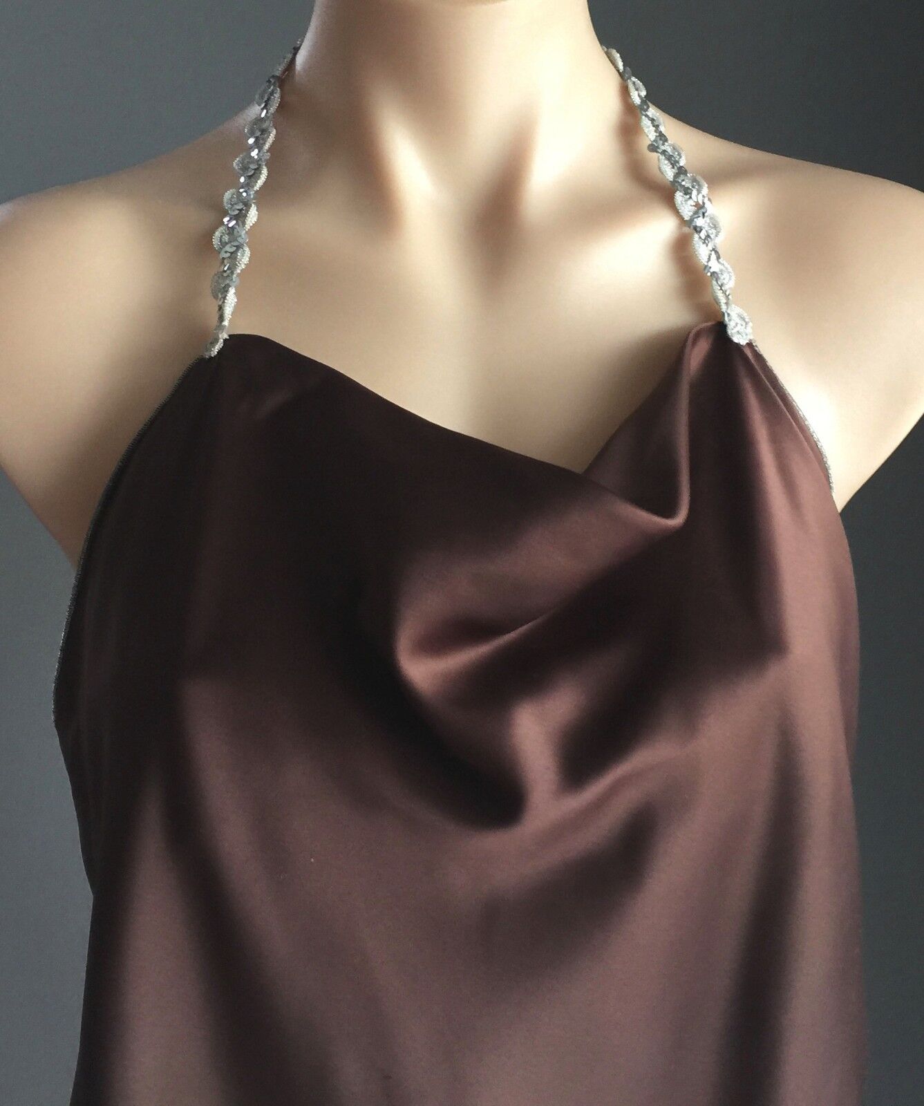 Vtg 1970s HEART BABE Halter Neck Top Brown & Silver Trim Open Back Size 10 Disco