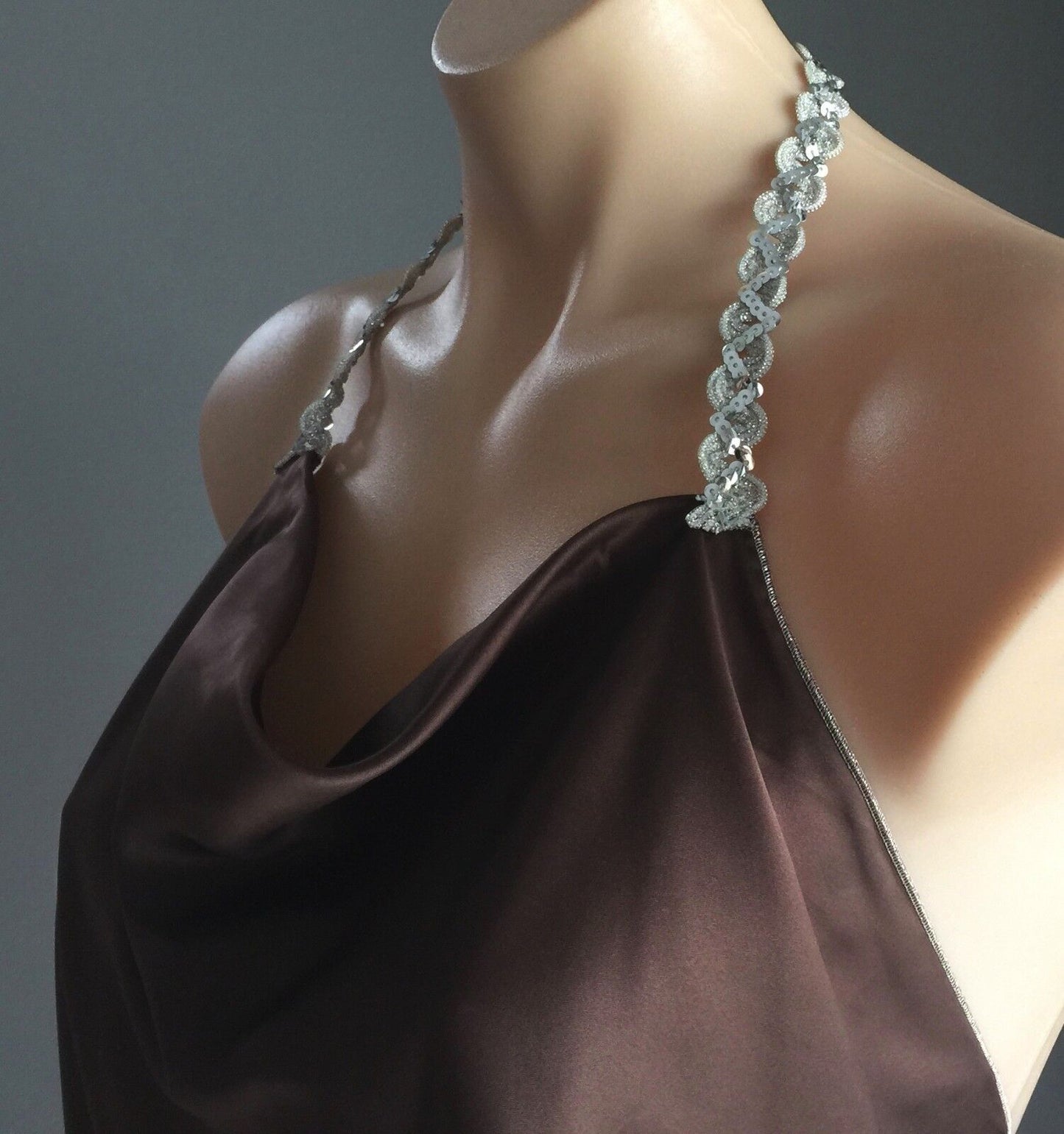 Vtg 1970s HEART BABE Halter Neck Top Brown & Silver Trim Open Back Size 10 Disco