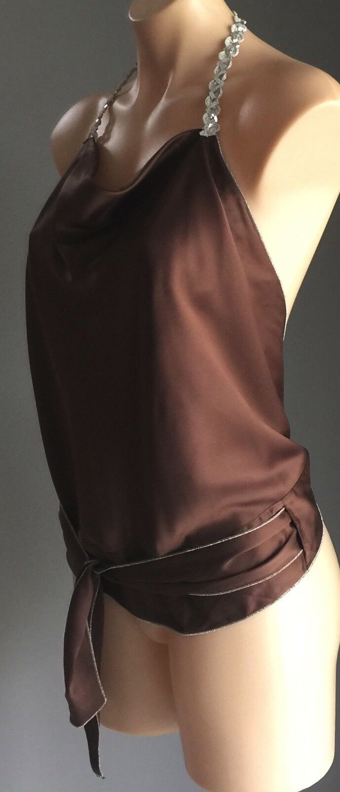 Vtg 1970s HEART BABE Halter Neck Top Brown & Silver Trim Open Back Size 10 Disco