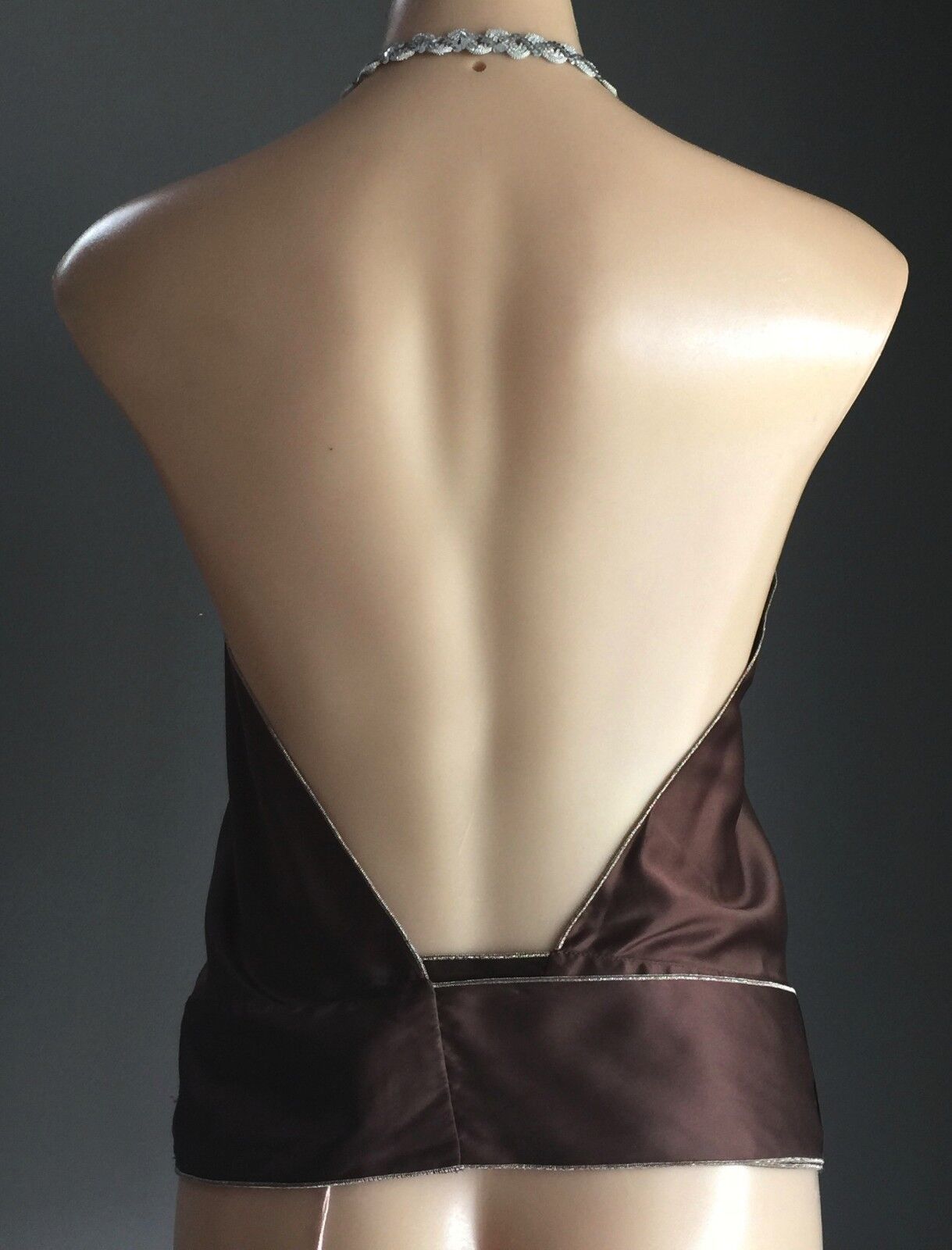 Vtg 1970s HEART BABE Halter Neck Top Brown & Silver Trim Open Back Size 10 Disco