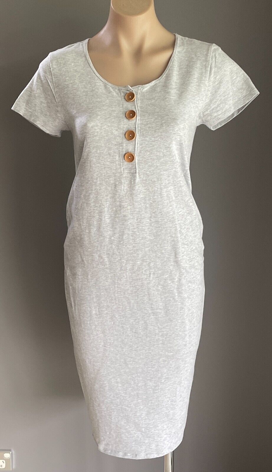 TARGET MATERNITY Dress Grey Marl Short Sleeve Side Ruched Stretch Midi Sz 10 NEW