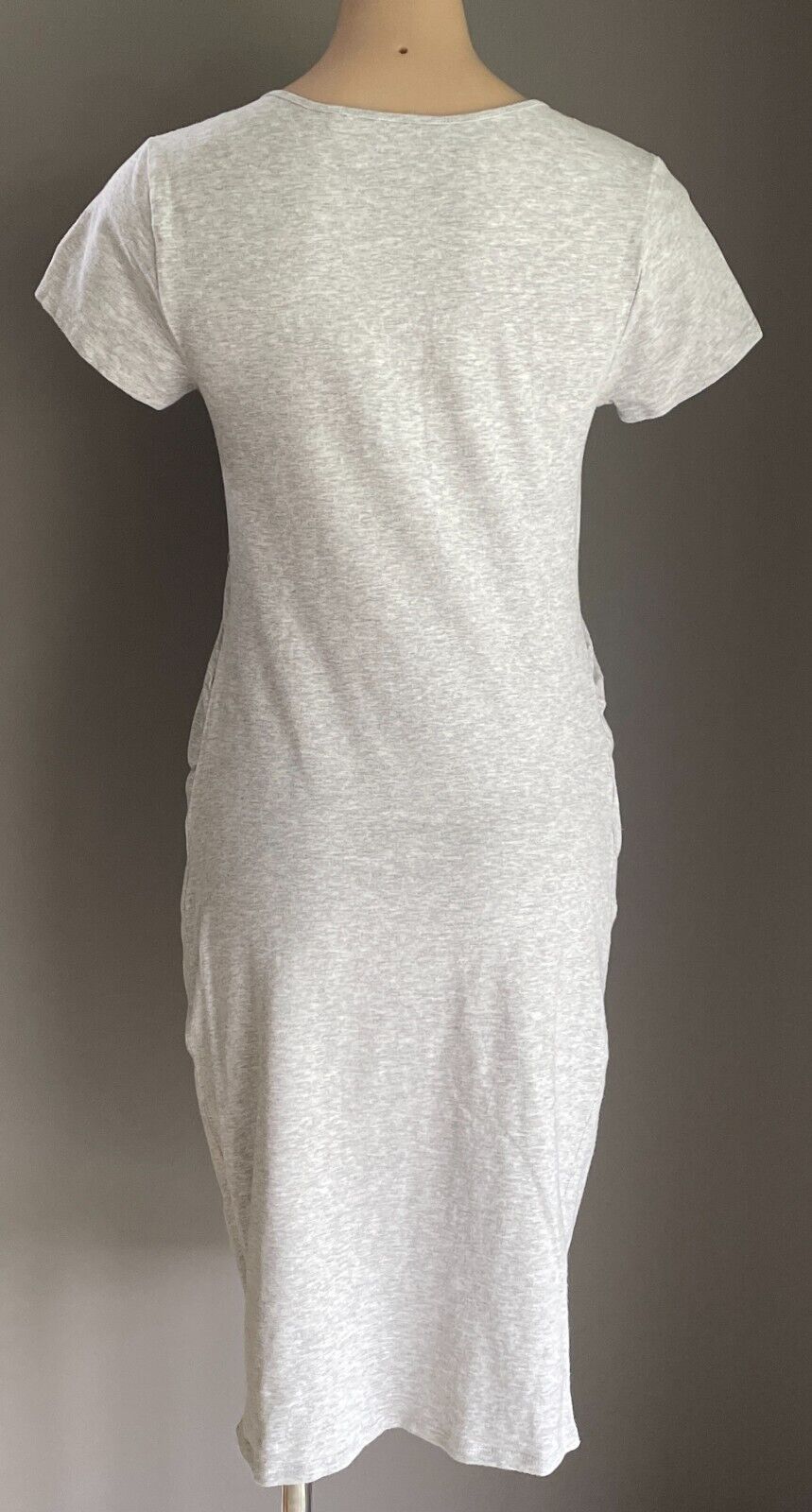 TARGET MATERNITY Dress Grey Marl Short Sleeve Side Ruched Stretch Midi Sz 10 NEW