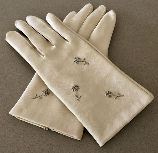 Vintage Hand GLOVES Short Beige Vinyl Floral Embroidered Size 7.5 M L 19cms